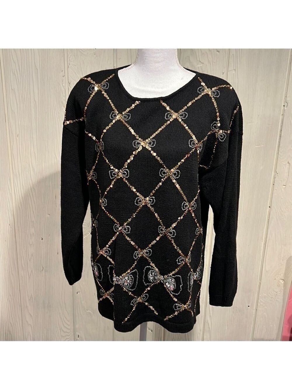 Vintage Black Sweater Sequins Beading Large Holiday